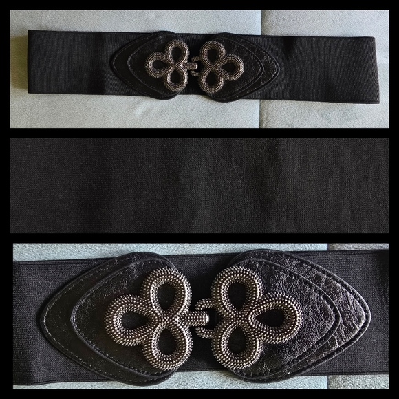 Black Wide Elastic Belt with Intricate Buckle, 29.5" - Picture 1 of 7